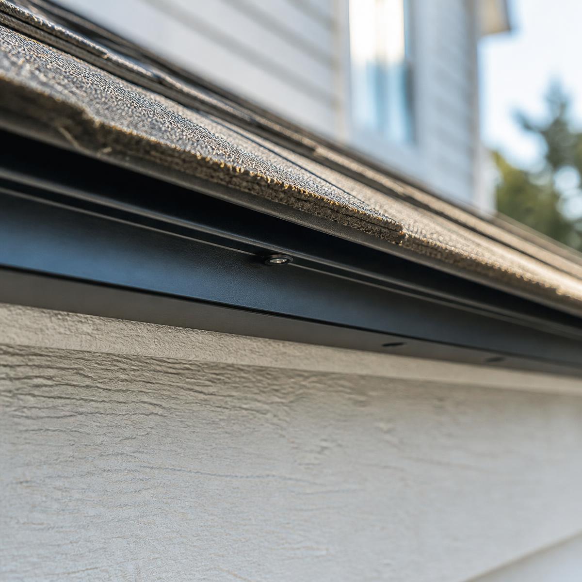 Close-up of the low-profile black LED channel tucked under the roof edge