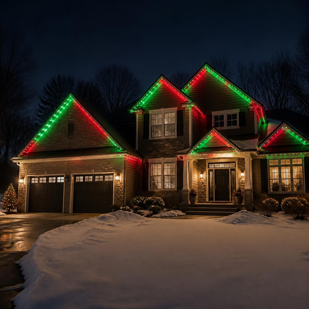 Home lit in red and green permanent LED holiday colors